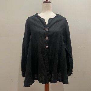 Domino Black Linen Abalone Button Up Tunic Top